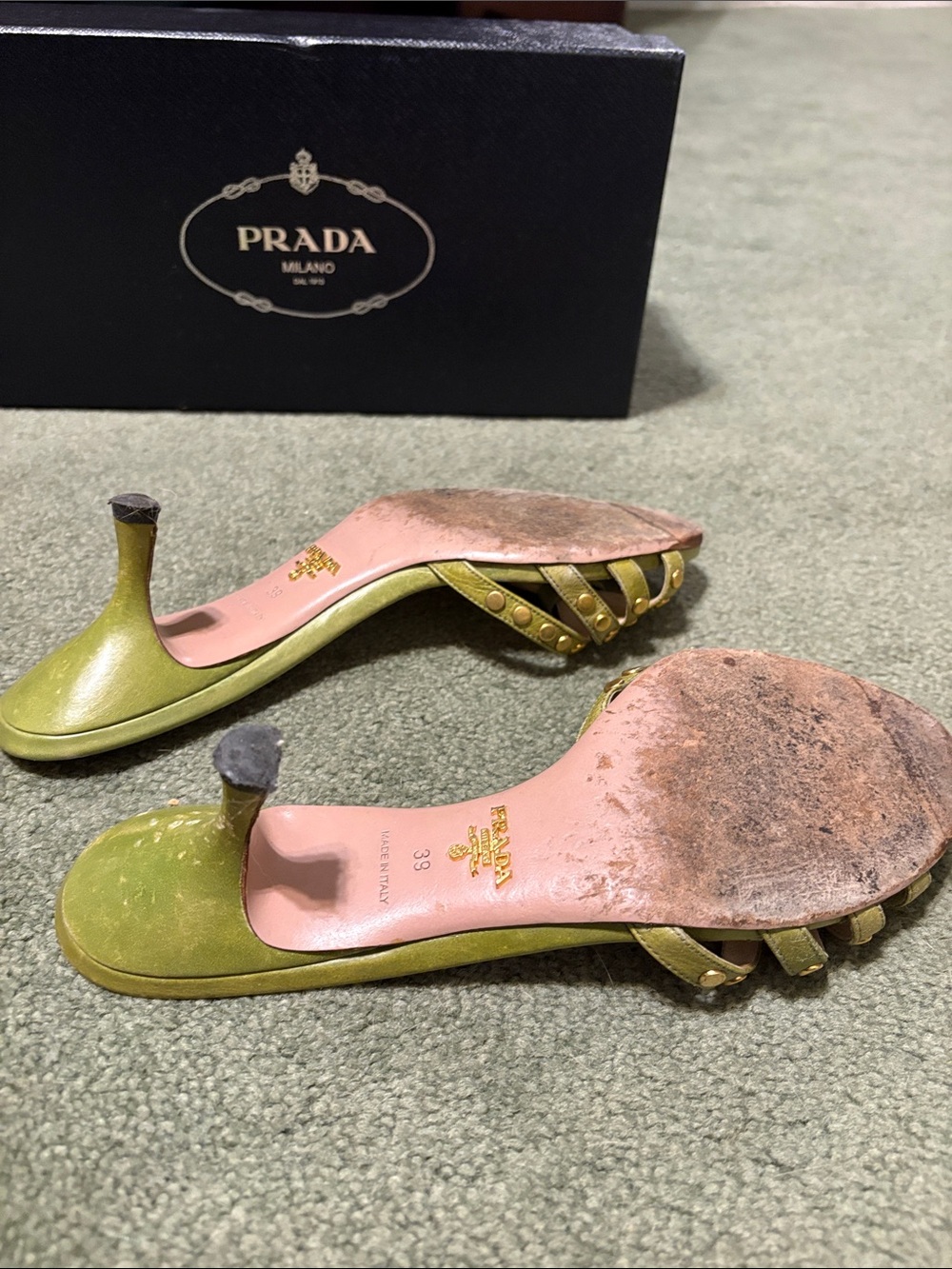 Prada Olive Green Studded Leather Kitten Heel Mules - Picture 3 of 5